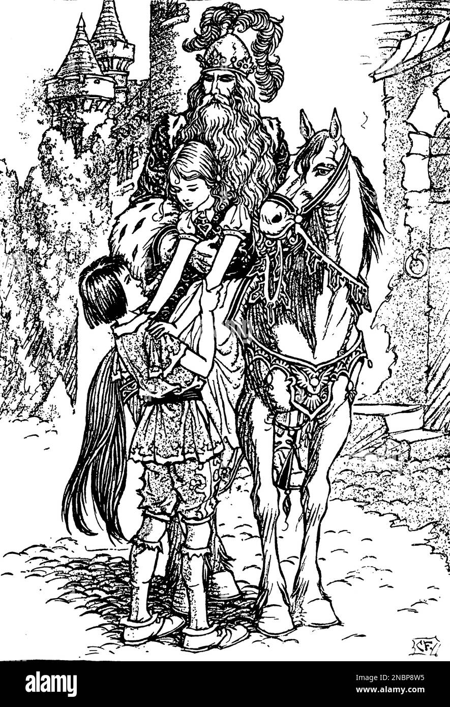 Da, Curdie! Da ist der Kuss, den ich dir versprochen habe! Aus dem Buch " die Prinzessin und der Kobold " von George MacDonald ; illustriert mit Strichzeichnungen und Farbtafeln von Charles Folkard. Stockfoto
