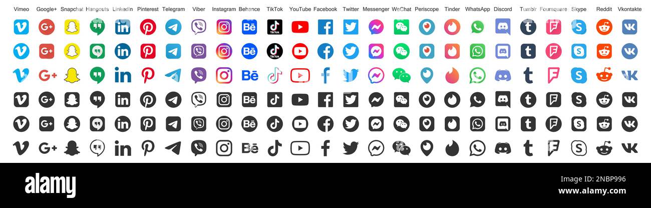 Große Auswahl an Social-Media-Logos in verschiedenen Stilen und Formen Stock Vektor