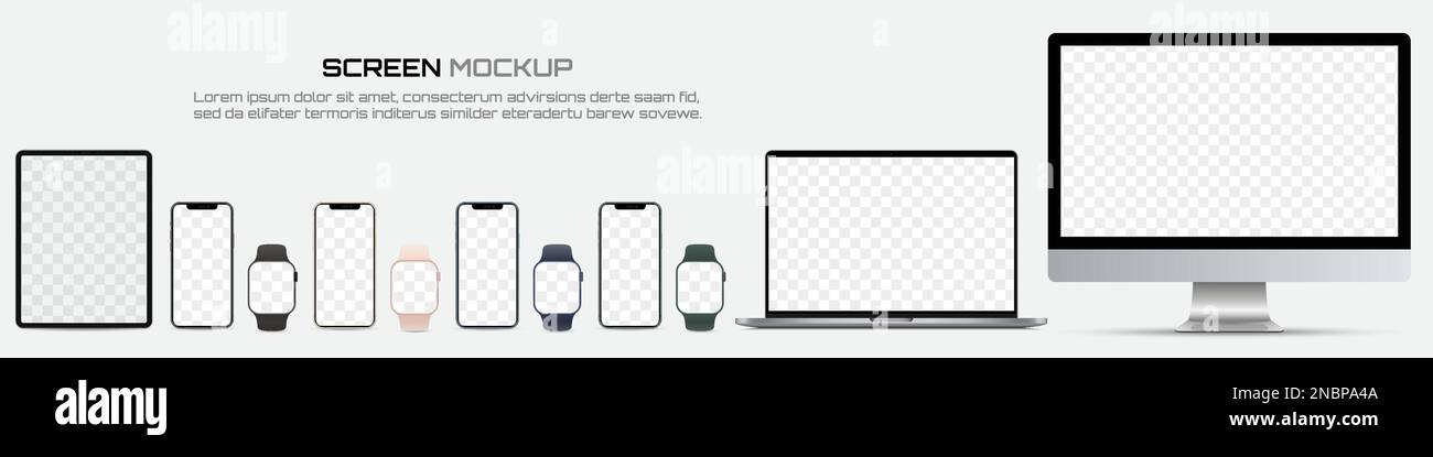 Computermonitor, Laptop, Tablet, Smartphone und Smartwatch mit leerem Bildschirm. Modell des Bildschirmgeräts Stock Vektor
