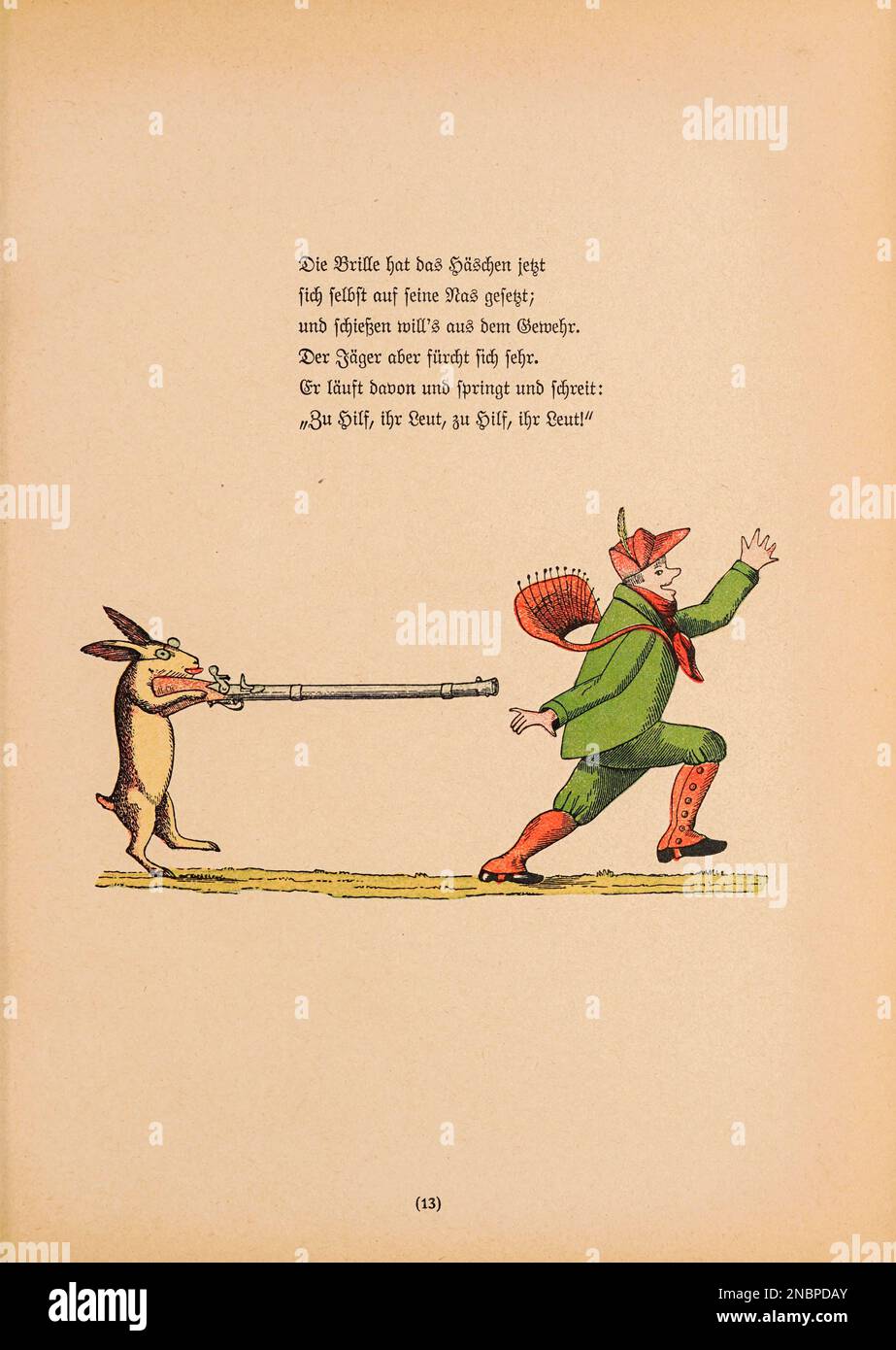 Die Geschichte vom wilden Jäger - The Tale of the Wild Hunter from the original German Version of the book ' das Struwwelpeter-Album : aus Bilderbüchern ' by Hoffmann, Heinrich, 1809-1894 Publisher 1900 Frankfurt am Main : Rütten & Loening [ der Struwwelpeter ('Schockköpfiger Peter' oder 'Shaggy Peter') ist ein deutsches Kinderbuch von Heinrich Hoffmann aus dem Jahr 1845. Es umfasst zehn illustrierte und reimende Geschichten, hauptsächlich über Kinder. Jede hat eine klare Moral, die die katastrophalen Folgen von Fehlverhalten auf übertriebene Weise demonstriert.[1] der Titel der ersten Geschichte liefert die ti Stockfoto