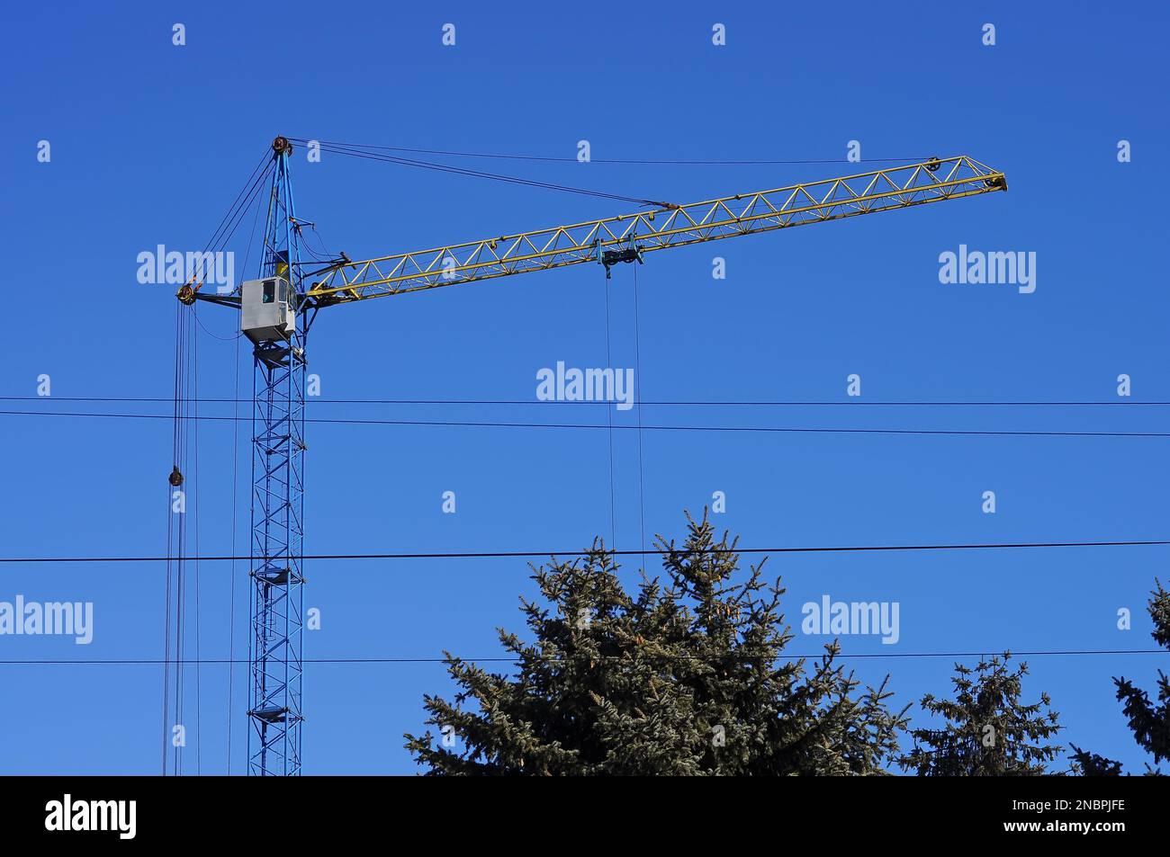 Hoher Turmkran auf der Baustelle, blauer Himmelshintergrund. Fichte im Vordergrund Stockfoto