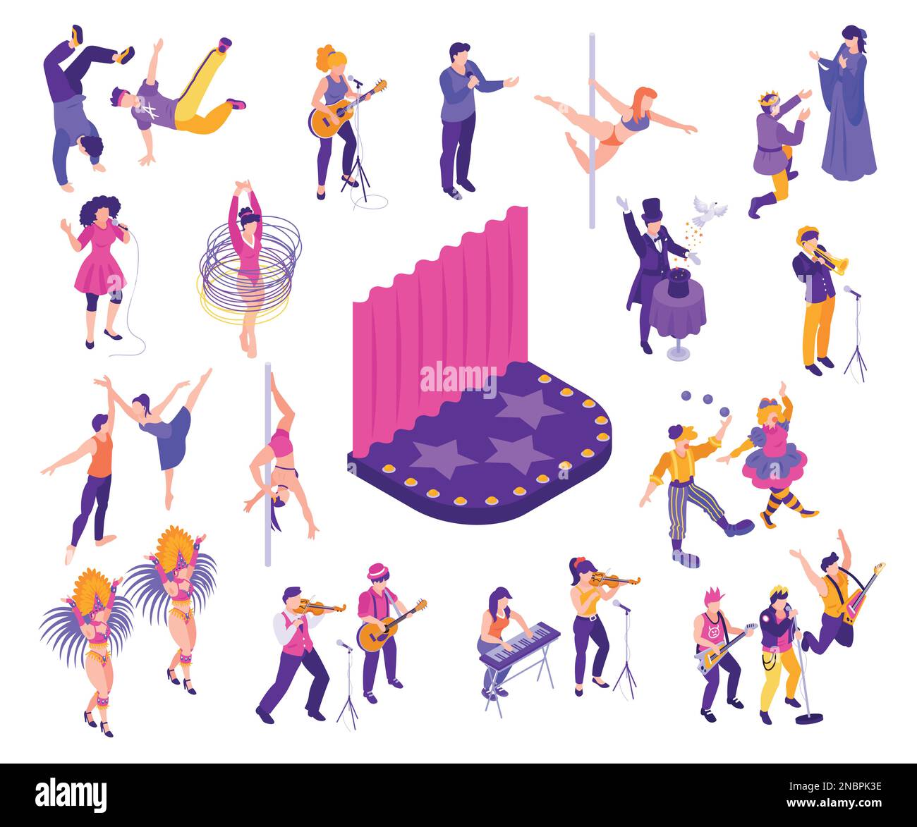Isometrisches Set mit Stangen- und Break-Tanzmusik Band Balletttänzer Magier Stehaufmännchen Komiker Sänger Theaterschauspieler isoliert Vec Stock Vektor