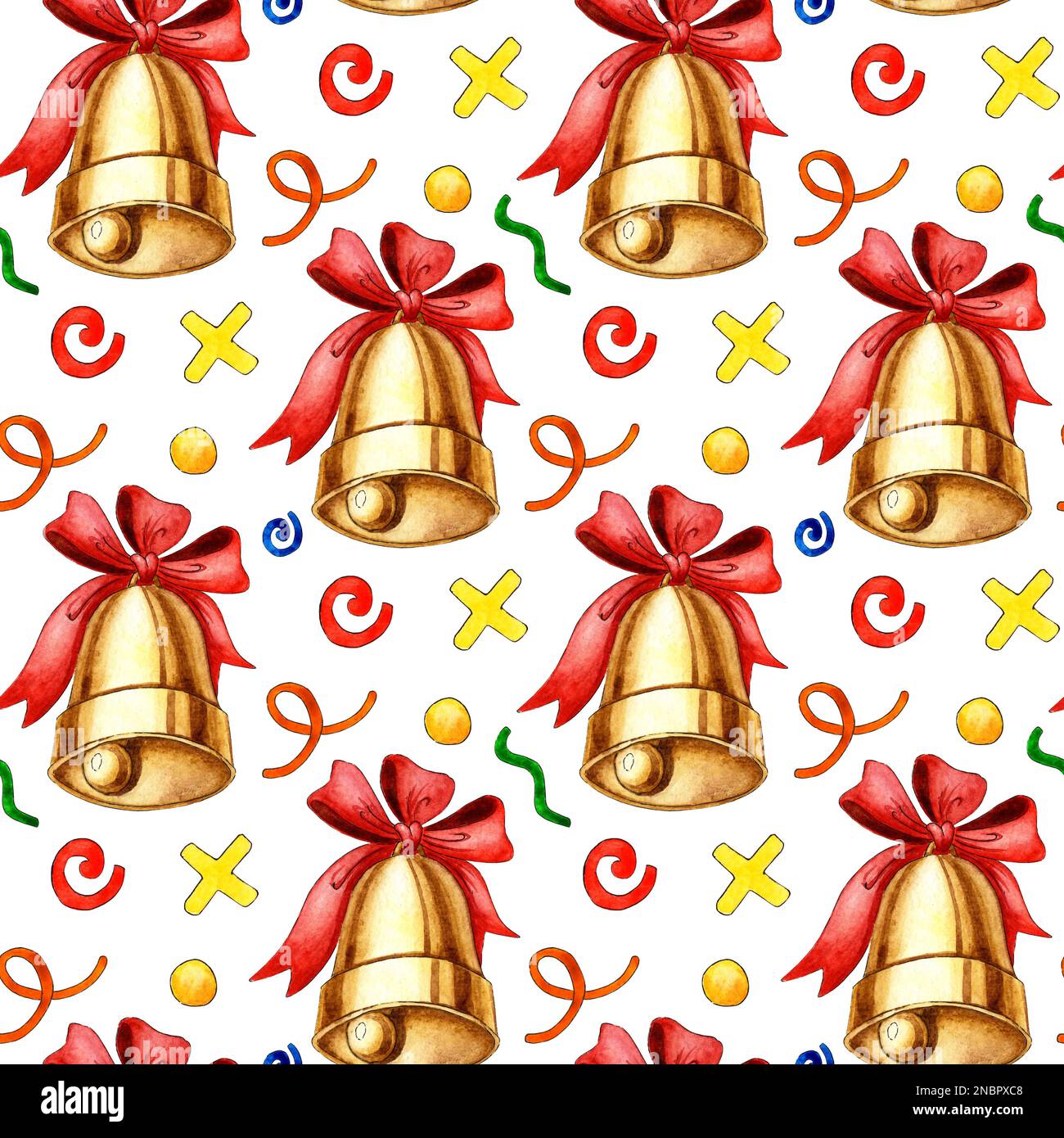 Aquarell goldene Metallglocke mit roter Schleife und Doodle isoliert auf weißem Hintergrund. Symbol für Weihnachten und Neujahr, Schulglocke, alte Glocke. Gezogen Stockfoto