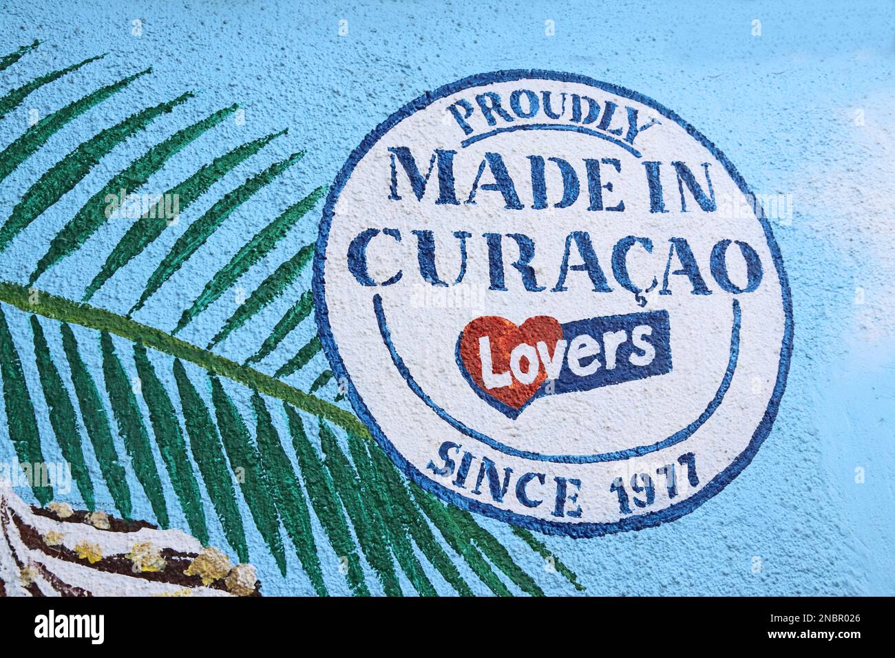 „Made in Curacao“-Schild für „Lovers“, Hersteller von Eiscreme, Säften und Joghurt Stockfoto