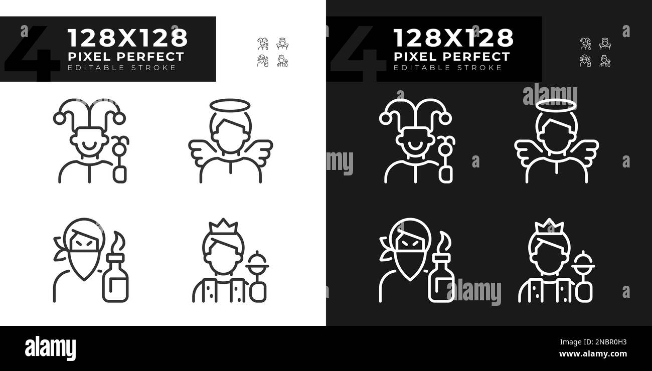 Literaturarchetypen pixelgenaue lineare Symbole, die für den dunklen und hellen Modus eingestellt sind Stock Vektor