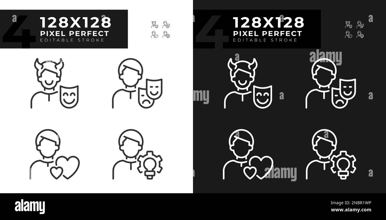 Persönliche Eigenschaften Pixel perfekte lineare Symbole, die für den dunklen, hellen Modus eingestellt sind Stock Vektor