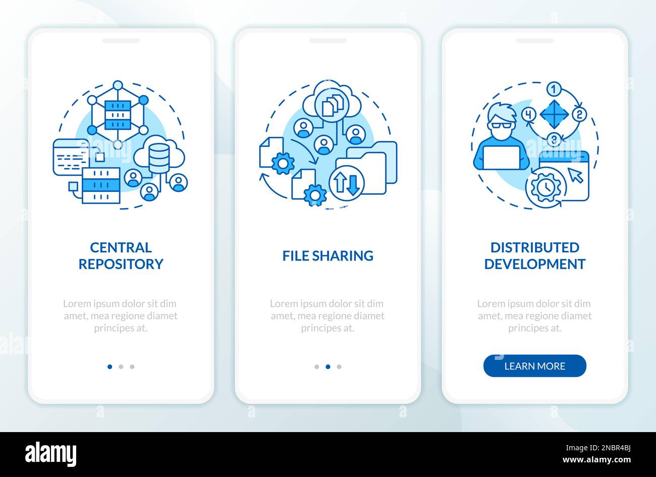 Vorteile der Versionskontrolle Blau Onboarding Mobile App-Bildschirm Stock Vektor