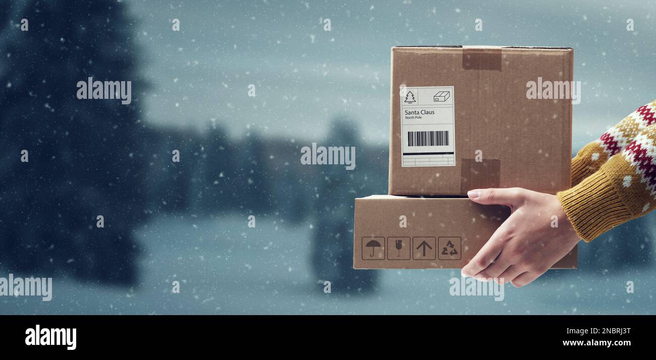 Frau mit Lieferkartons für den Weihnachtsmann und winterliche Landschaft im Hintergrund, Weihnachtskonzept Stockfoto