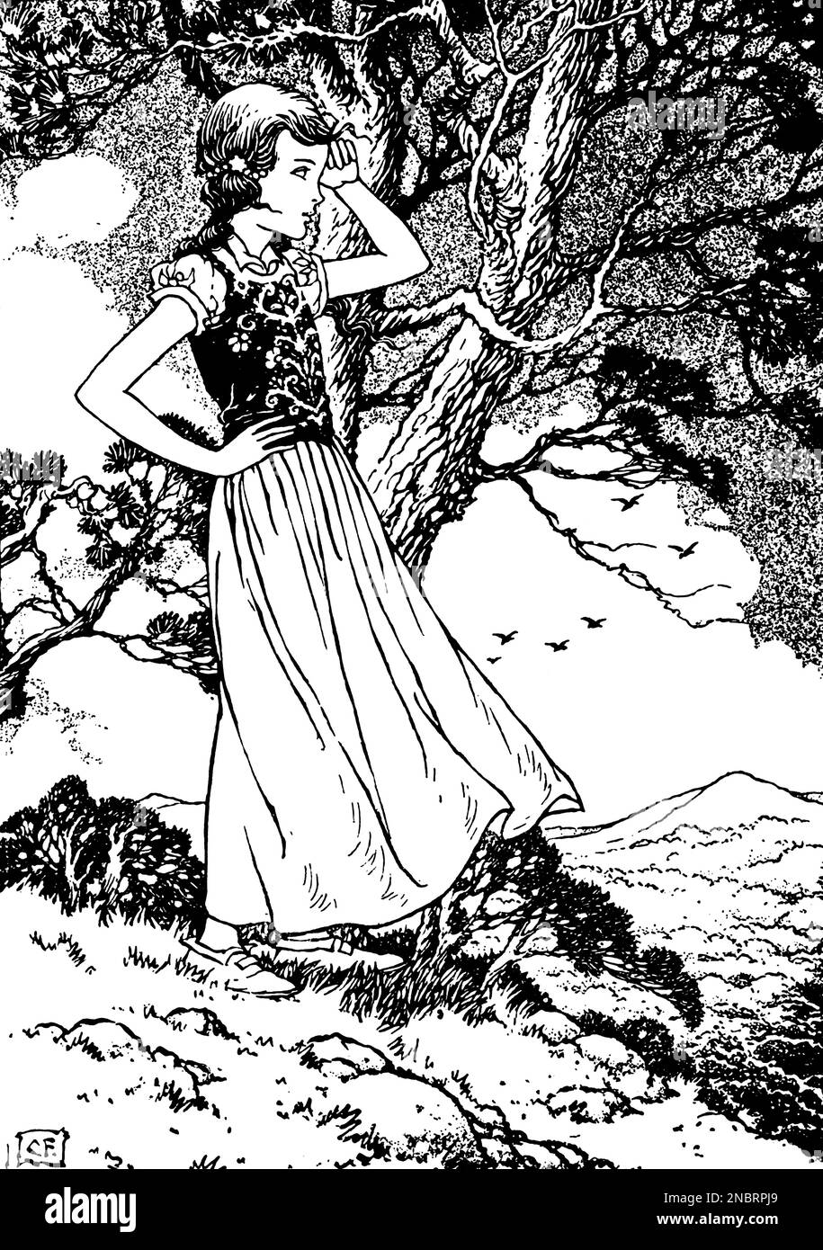 Wieder einmal hörte Irene das Horn aus dem Buch " die Prinzessin und der Kobold " von George MacDonald ; illustriert mit Strichzeichnungen und Farbtafeln von Charles Folkard. Stockfoto