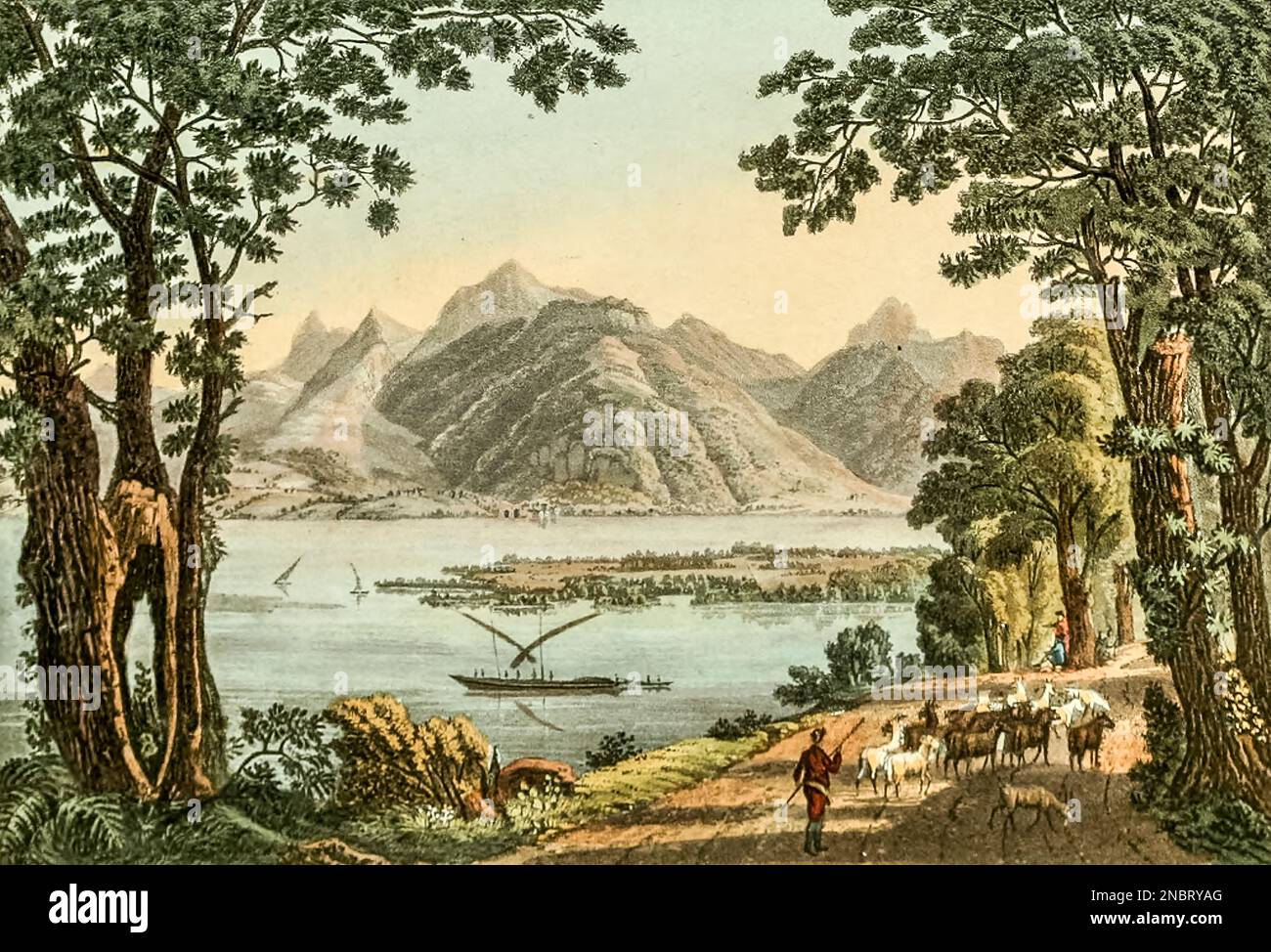 Blick auf die Extremität des Genfer Sees, eingraviert durch Entwürfe von J. und J. Lory, aus dem Buch " malerische Tour von Genf nach Mailand, über den Simplon ", das 1820 in London von R. Ackermann veröffentlicht wurde Stockfoto