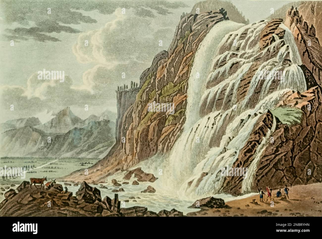 Wasserfall von Pissevache, eingraviert durch Entwürfe von J. und J. Lory, aus dem Buch " malerische Tour von Genf nach Mailand, über den Simplon ", veröffentlicht in London von R. Ackermann im Jahr 1820 Stockfoto