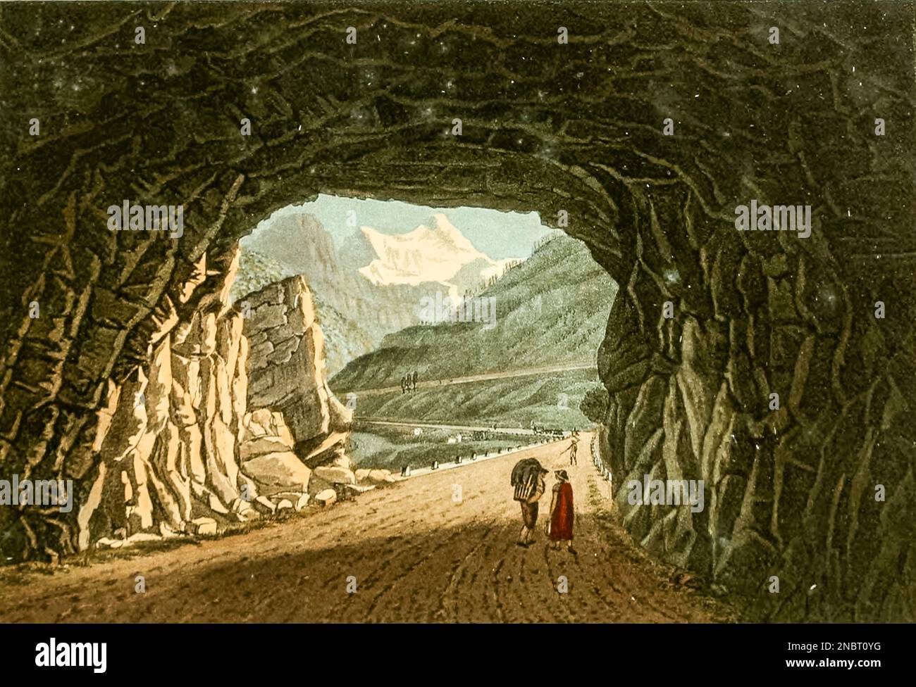 Blick aus dem Inneren der Galerie Algaby, eingraviert durch Entwürfe von J. und J. Lory, aus dem Buch " malerische Tour von Genf nach Mailand, über den Simplon ", das 1820 in London von R. Ackermann veröffentlicht wurde Stockfoto