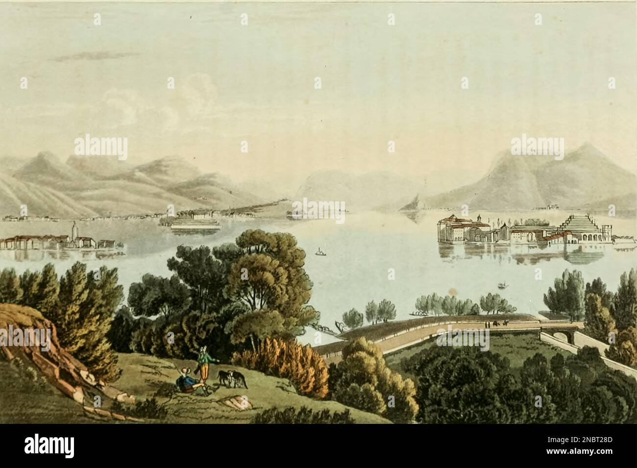 Blick auf Lago Maggiore und die Boromeo-Inseln, eingraviert von J. und J. Lory, aus dem Buch " malerische Tour von Genf nach Mailand, über den Simplon ", veröffentlicht in London von R. Ackermann im Jahr 1820 Stockfoto