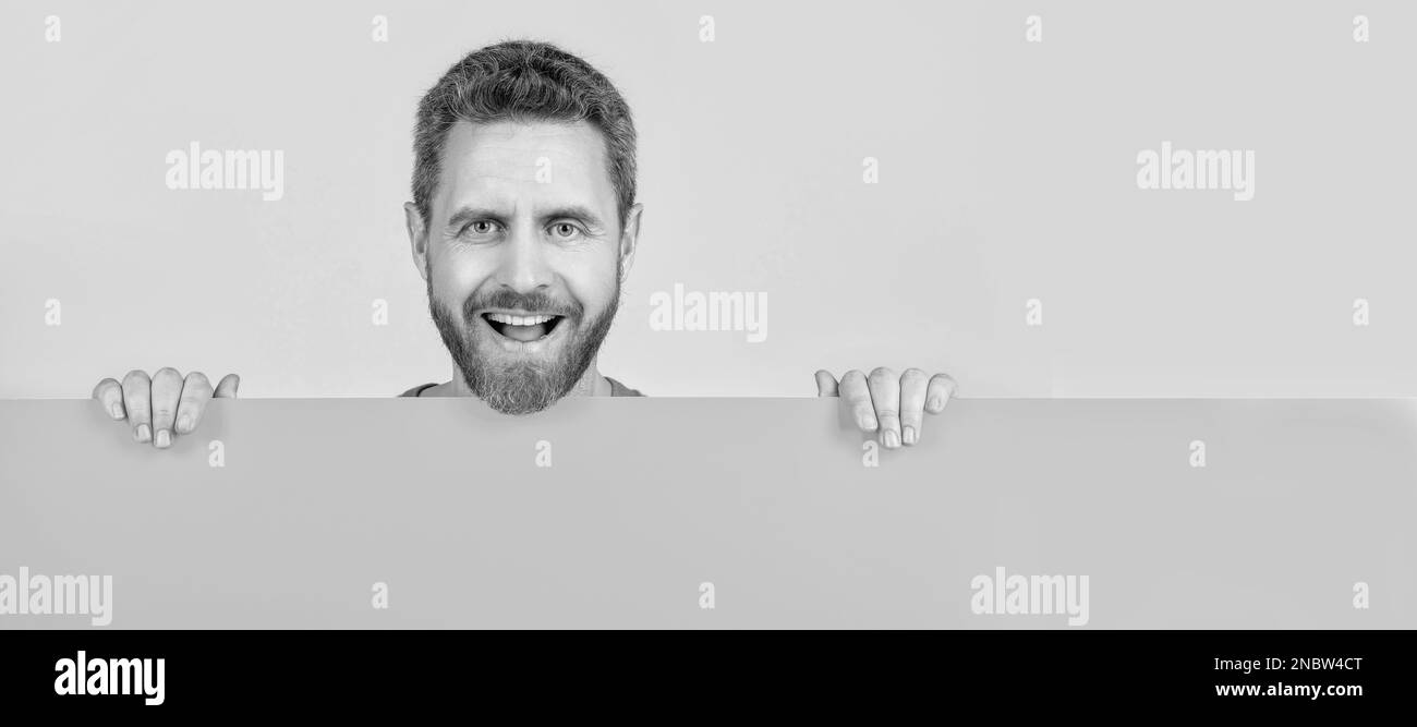 Mann Gesicht Porträt, Banner mit Copy Space. Guy Werbung. Ankündigung. Shopping Verkauf und Rabatt. Produkt präsentieren. Stockfoto