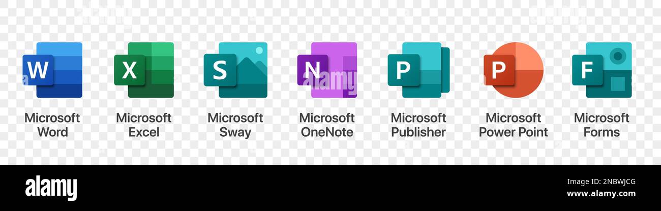 Logos für Microsoft Office-Produkte auf transparentem Hintergrund Stock Vektor