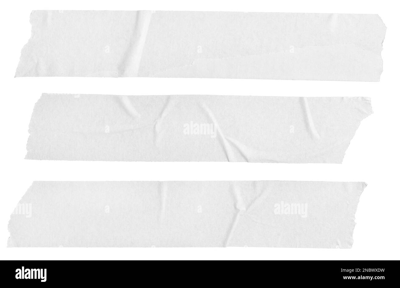 Drei weiße Aufkleber mit Blank Painter Tape, isoliert auf weißem Hintergrund. Vorlagenmodell Stockfoto