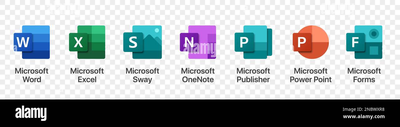 Logos für Microsoft Office-Produkte auf transparentem Hintergrund Stock Vektor