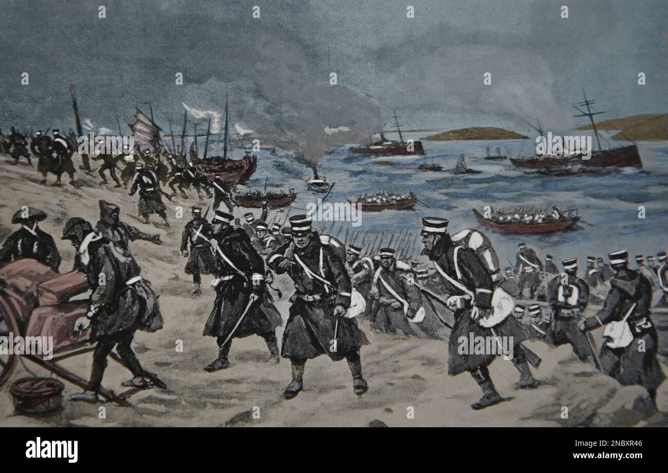 Russisch-Japanischer Krieg (1904-1905). Schlacht von Chemulpo Bay. 9. Februar 1904 Küste von Korea. Japanischer Sieg. Gravur. Stockfoto