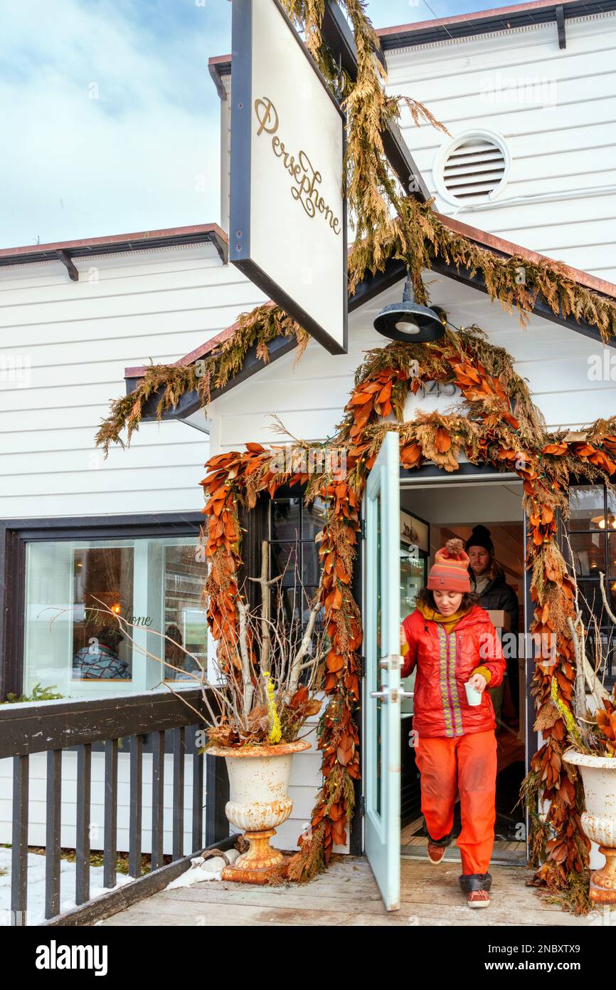 Cafe Persephone, sehr beliebt zum Frühstück mit den Skifahrern Jackson Hole, Wyoming, USA Stockfoto