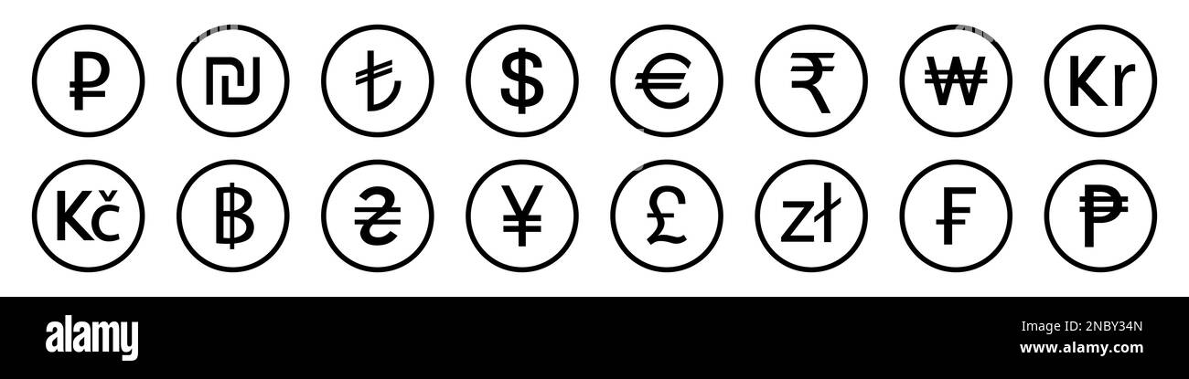 Gruppe der am häufigsten verwendeten Währungssymbole Stock Vektor