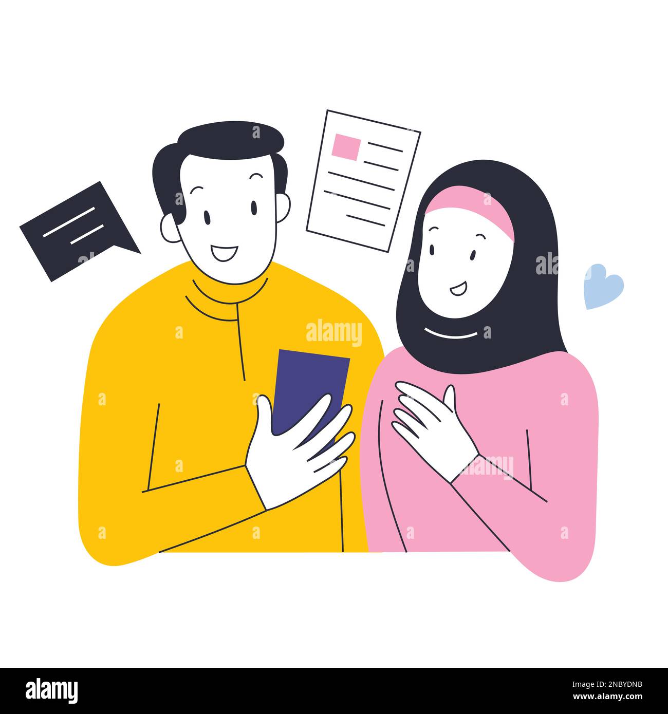 Ein muslimisches Paar liest Nachrichten-Feed über Smartphone-App, reagiert auf einem Post in sozialen Medien mit fröhlichen Gesichtsausdrücken, Vektordarstellung Stock Vektor