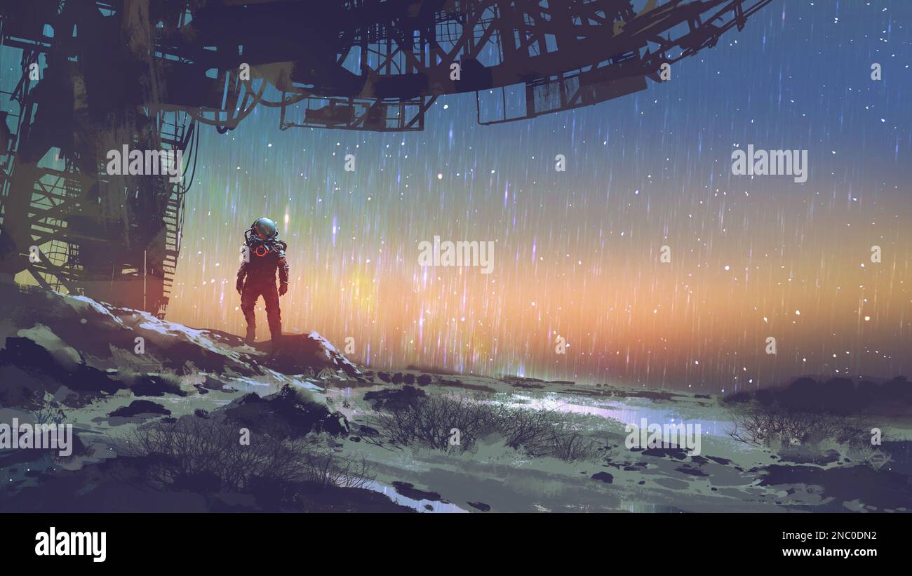 der spaceman steht unter einem futuristischen Gebäude mit Blick auf den Nachthimmel, digitale Kunst, Illustrationsmalerei Stockfoto