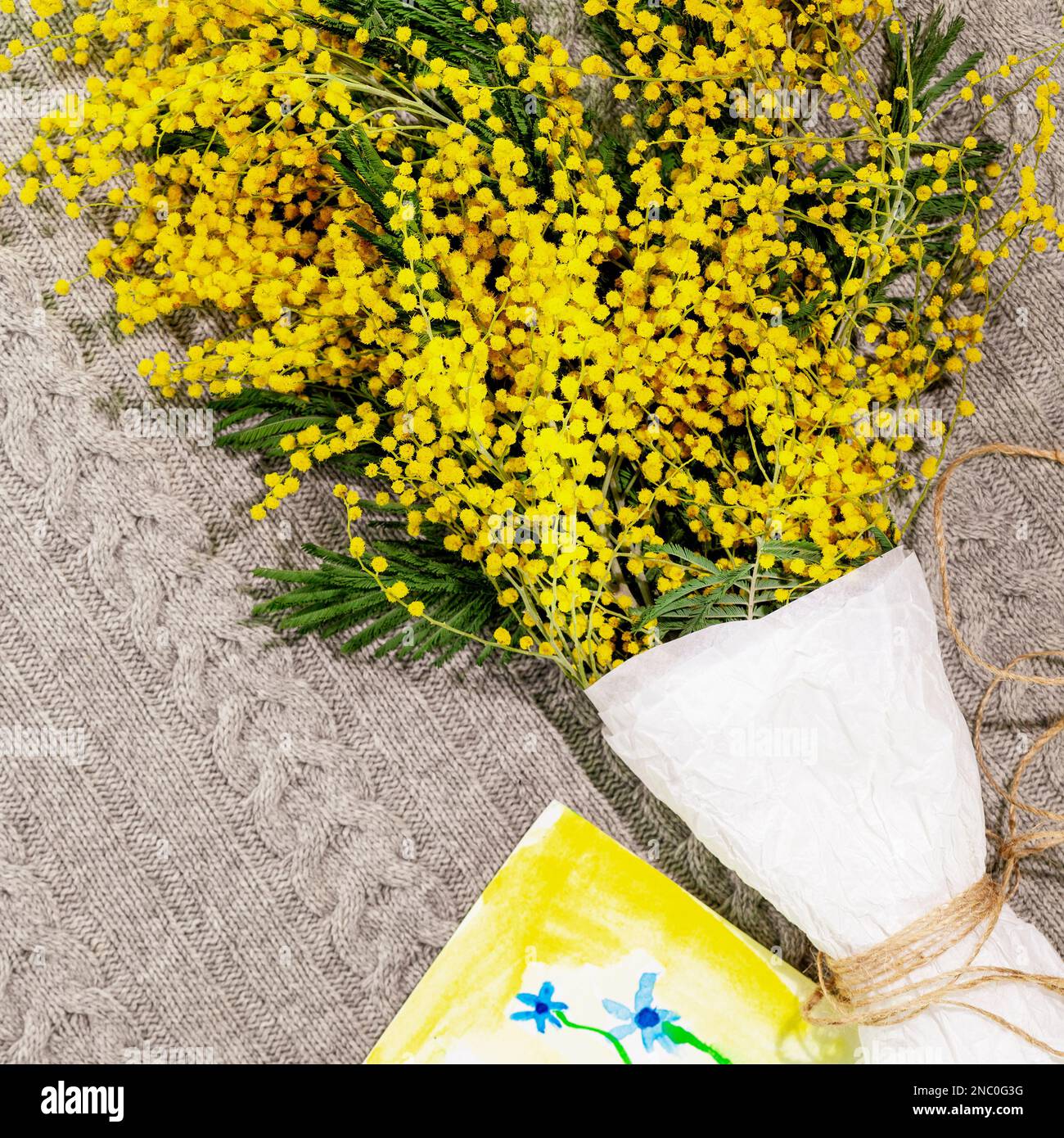 Bouquet mit Mimosaästen auf Strickdecke mit Kinderbildern. Urlaubskarte mit Mimosablüten. Frühlingszusammensetzung geeignet für Muttertag oder Stockfoto