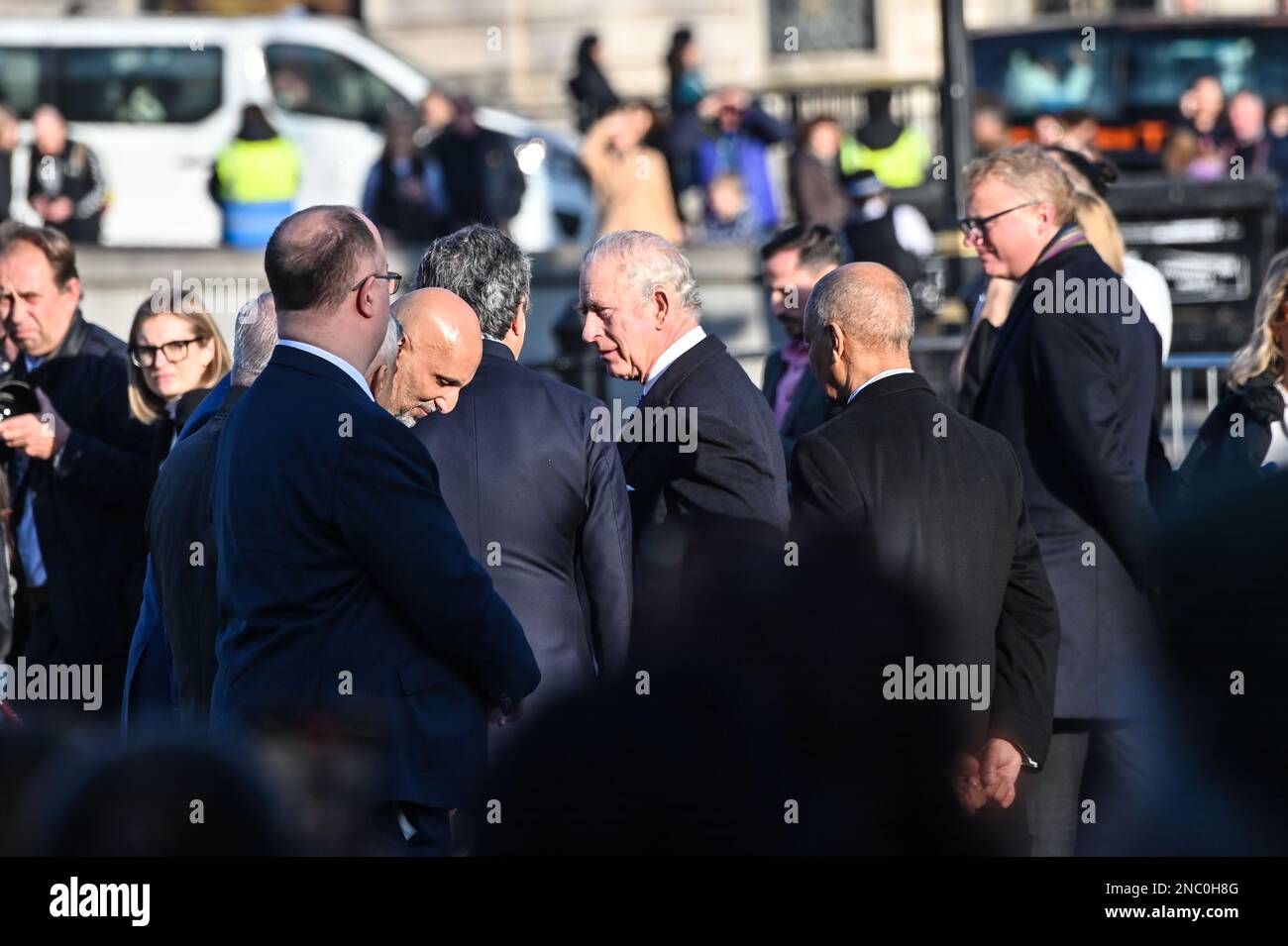14. Februar 2023 London, Großbritannien. König Karl III. Trifft beim syrischen Erdbeben ein. Beileid auf dem Trafalgar-Platz. Stockfoto