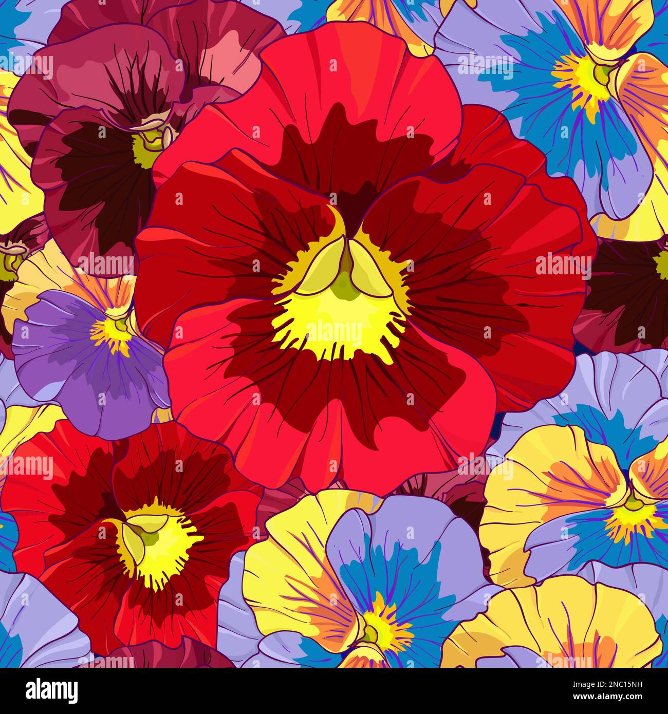 Leuchtend rote und orangefarbene Blüten von Schwuchteln auf dunklem burgunderroten Hintergrund. Nahtloses Vektormuster. Darstellung des manuellen Zeichnungsvektors. Stock Vektor