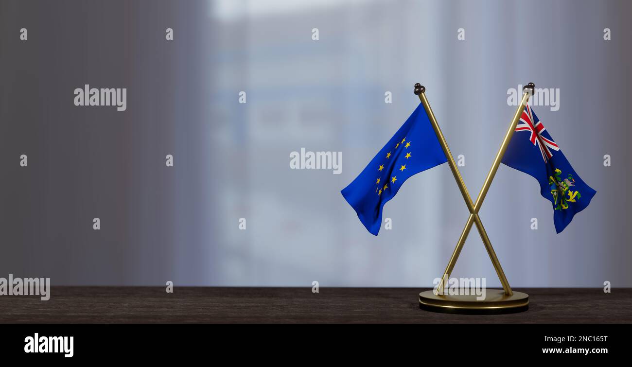 Pitcairninseln und Europaflaggen auf dem Tisch. Verhandlungen zwischen den Pitcairninseln und der EU. Auf wenig unscharfem Hintergrund. 3D Arbeit und 3D Bild Stockfoto