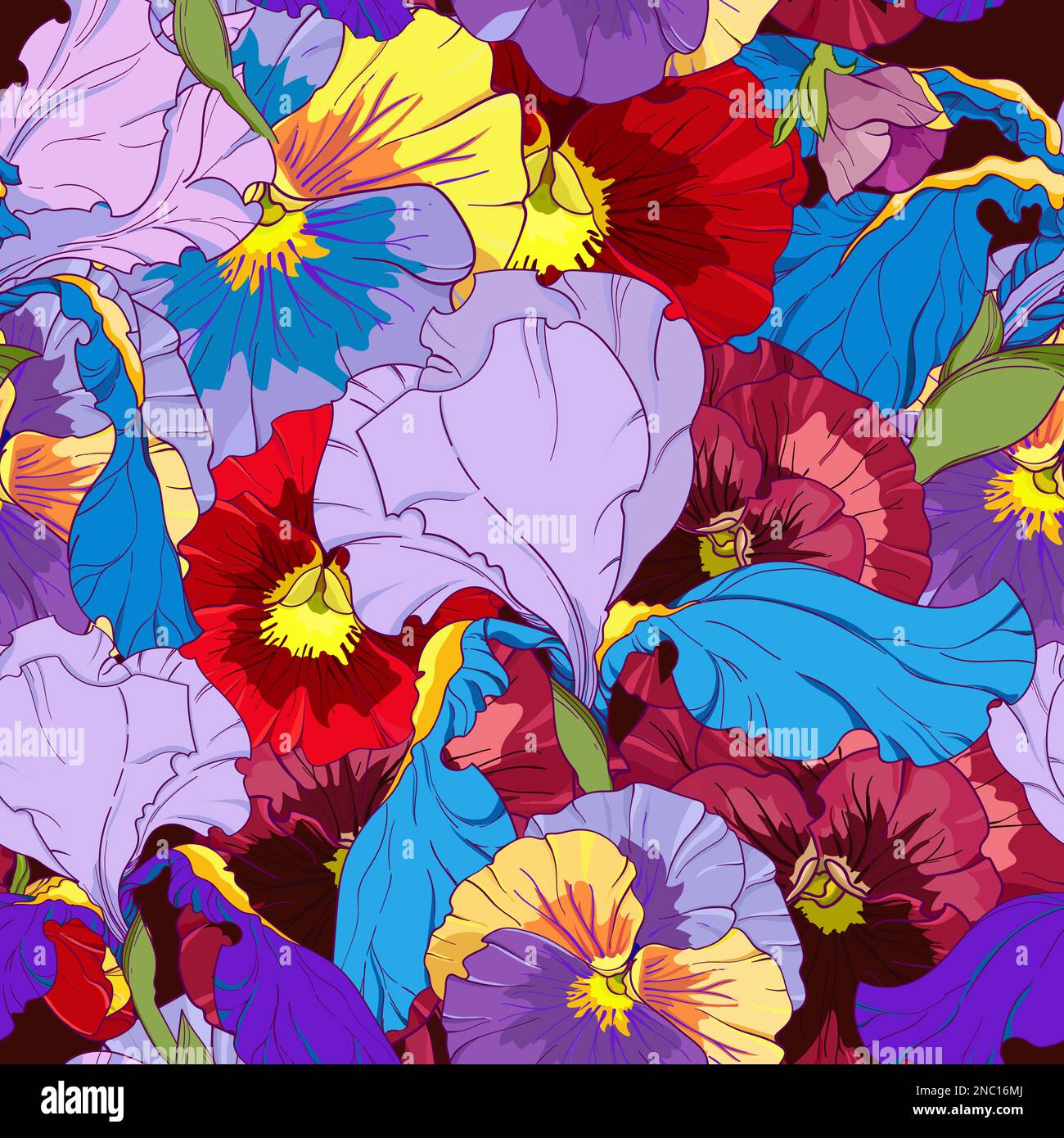 Blaue Iris und rotes und lila Weichei auf dunklem Hintergrund. Nahtloses Vektormuster. Von Hand zeichnen Blumen Vektordarstellung. Stock Vektor