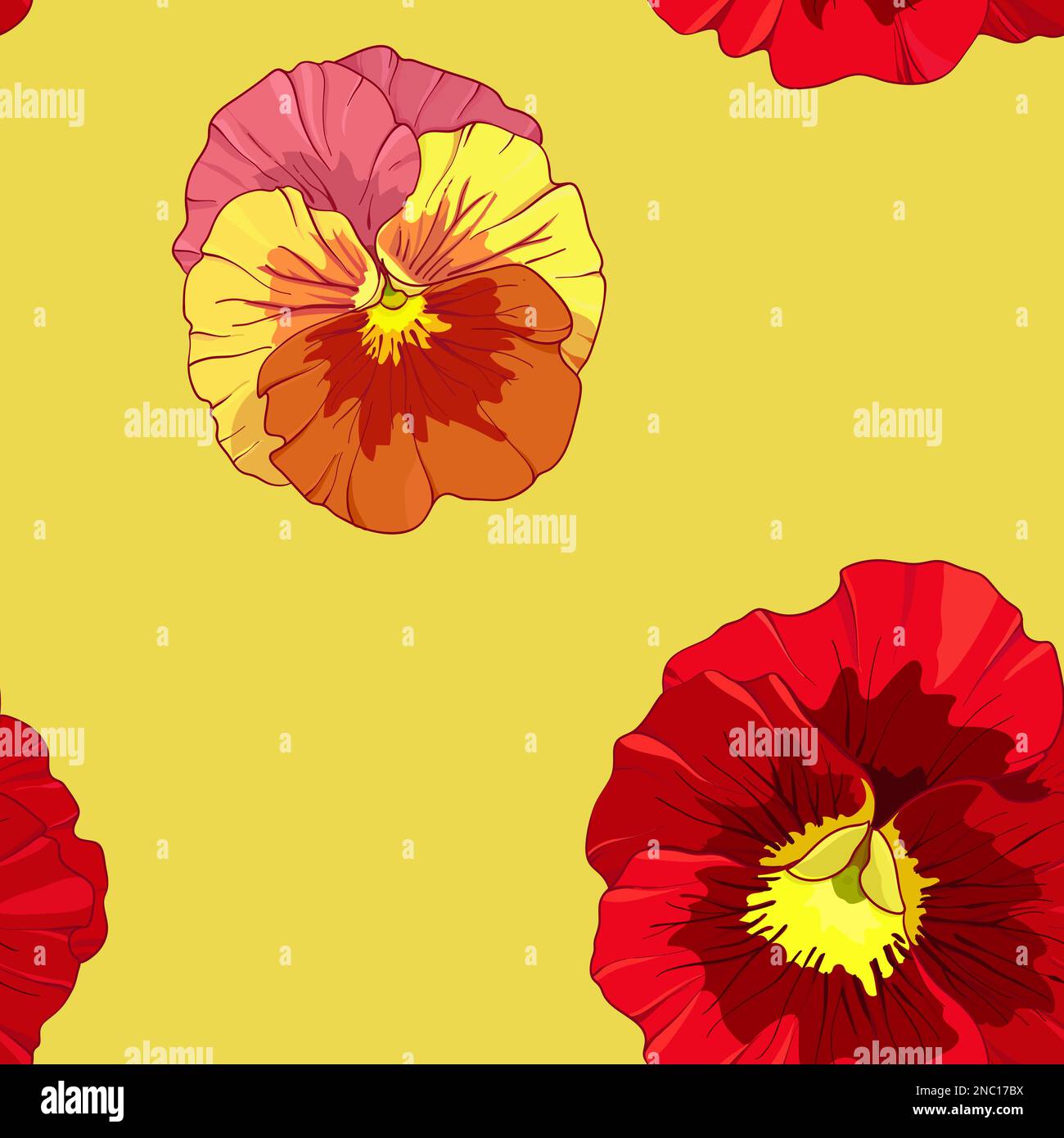 Leuchtend rote und orangefarbene Blüten von Weichtieren auf gelbem Hintergrund. Nahtloses Vektormuster. Darstellung des manuellen Zeichnungsvektors. Stock Vektor