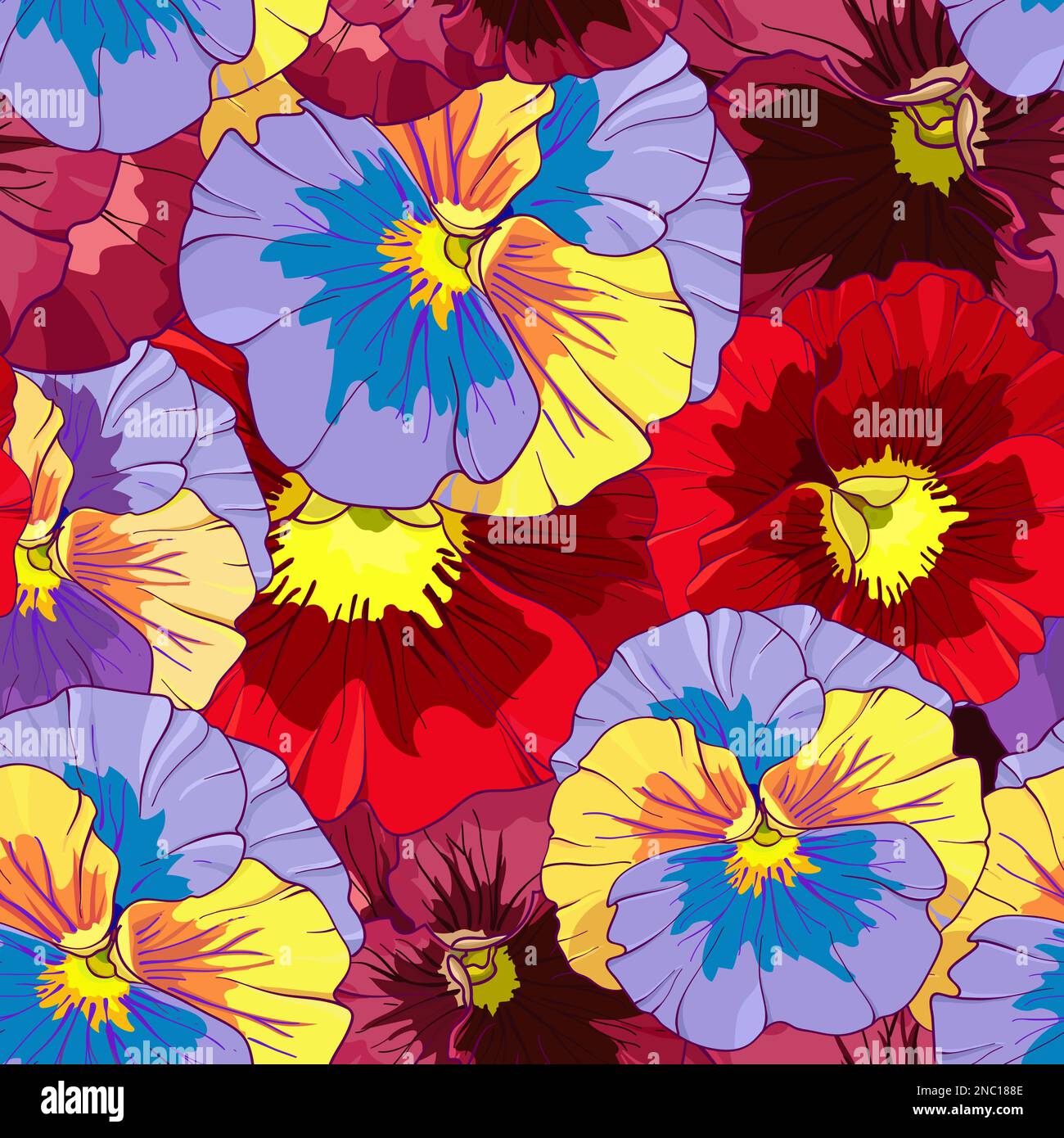 Leuchtend rote und orangefarbene Blüten von Schwuchteln auf dunklem burgunderroten Hintergrund. Nahtloses Vektormuster. Darstellung des manuellen Zeichnungsvektors. Stock Vektor