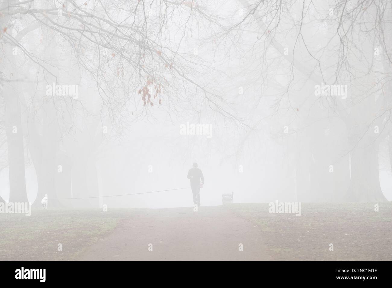 Northampton, Großbritannien. Wetter. Starker Nebel im Abington Park hielt die Leute nicht davon ab, morgens Sport zu treiben. Northamptonshire, England. Stockfoto
