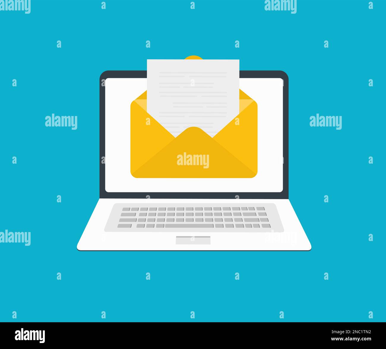 Notebook mit Umschlag und Logo-Design für Dokumente auf dem Bildschirm. E-Mail, E-Mail-Symbol-Benachrichtigung. Meldung der Kommunikationsverbindung. Neue eingehende sms, Chat. Stock Vektor