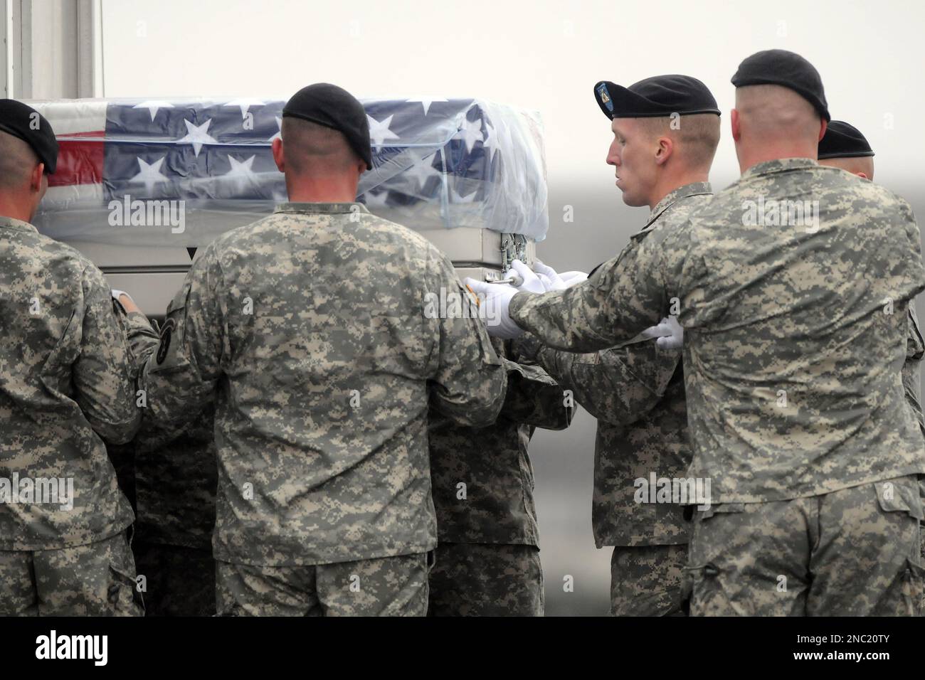 An Air Force carry team moves a transfer case containing the remains of