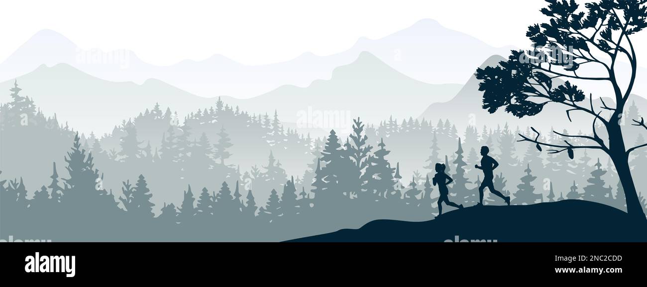 Silhouette von Jungen und Mädchen beim Joggen. Wald, Wiesen, Berge. Horizontales Querformat-Banner. Graue Abbildung. Stockfoto