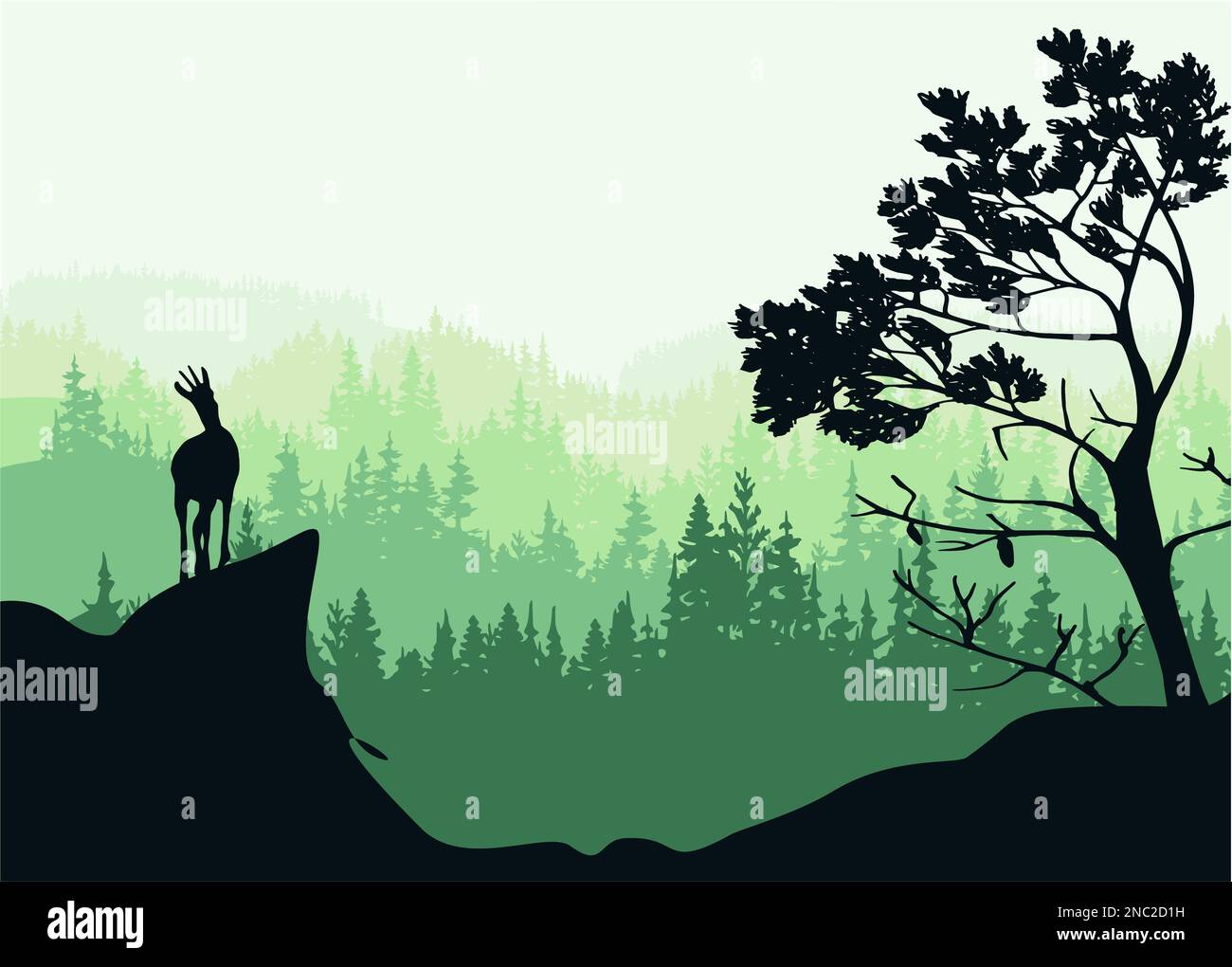 Ein Chamois steht auf einem Hügel mit Bergen und Wald im Hintergrund. Kiefer im Vordergrund. Magische nebelige Landschaft. Naturillustrierung. Stockfoto