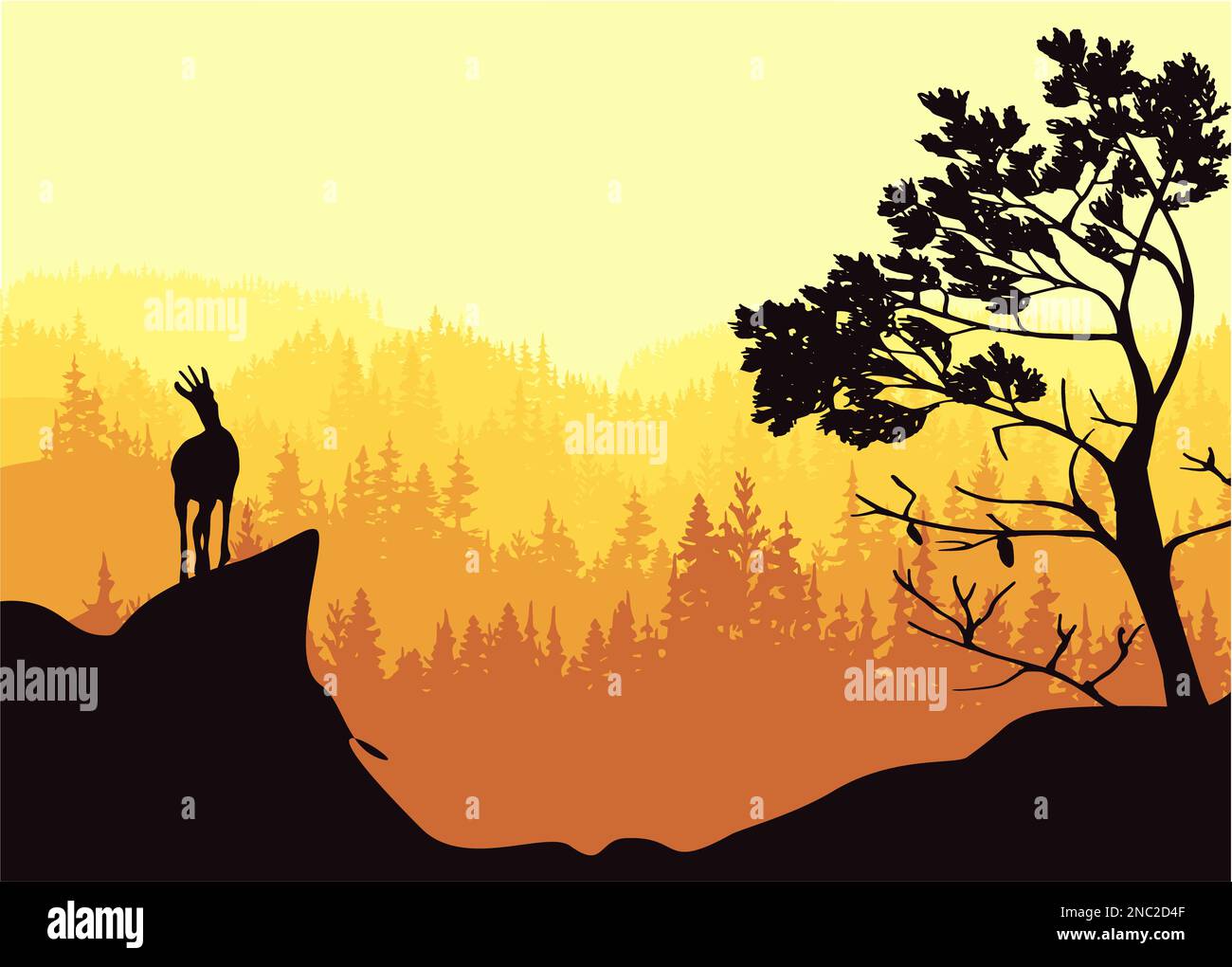Ein Chamois steht auf einem Hügel mit Bergen und Wald im Hintergrund. Kiefer im Vordergrund. Magische nebelige Landschaft. Naturillustrierung. Stockfoto