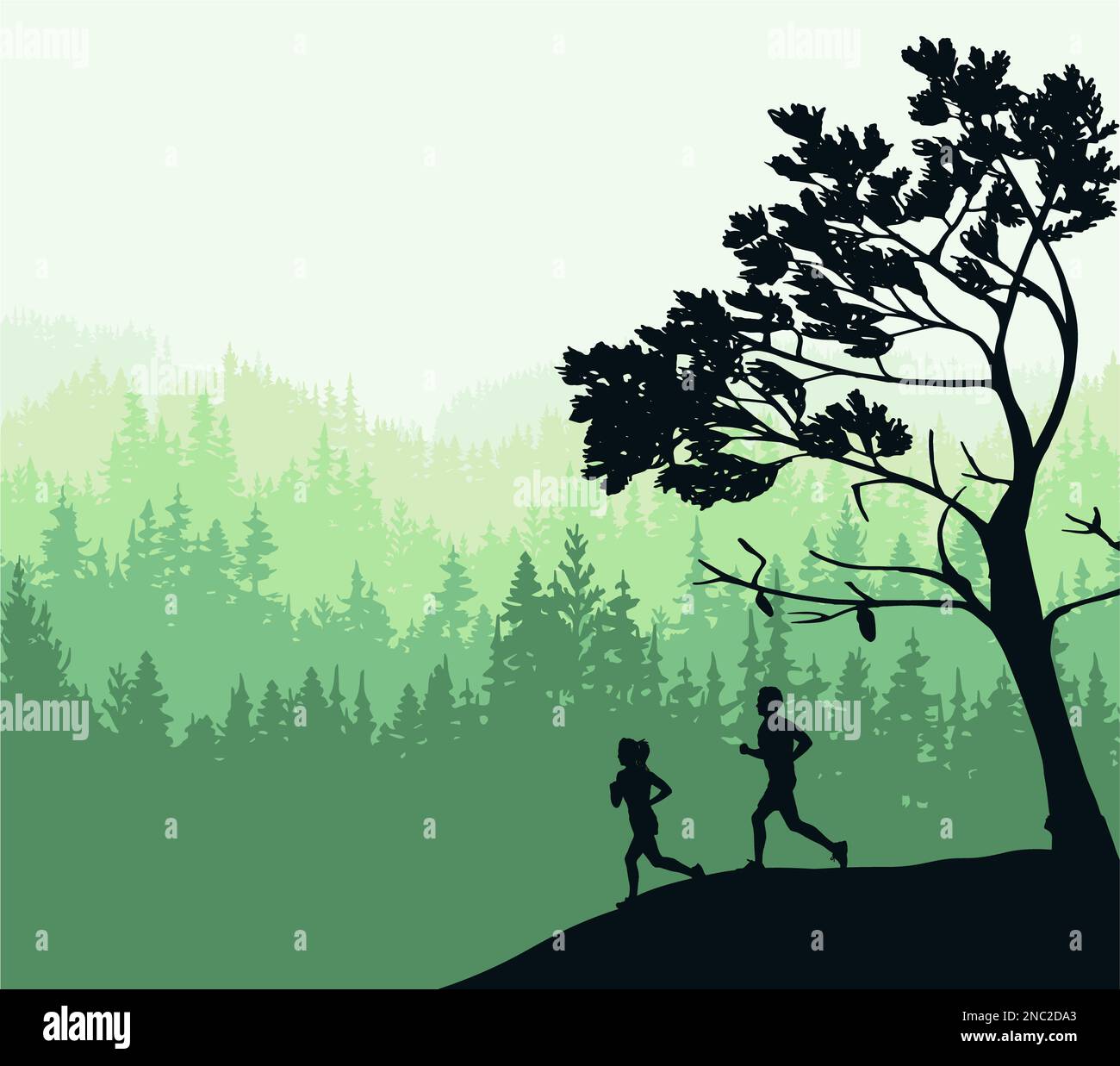 Silhouette von Jungen und Mädchen beim Joggen. Baum vorne, Waldhintergrund. Magische neblige Landschaft. Illustration, Abzeichen, Aufkleber. Stockfoto