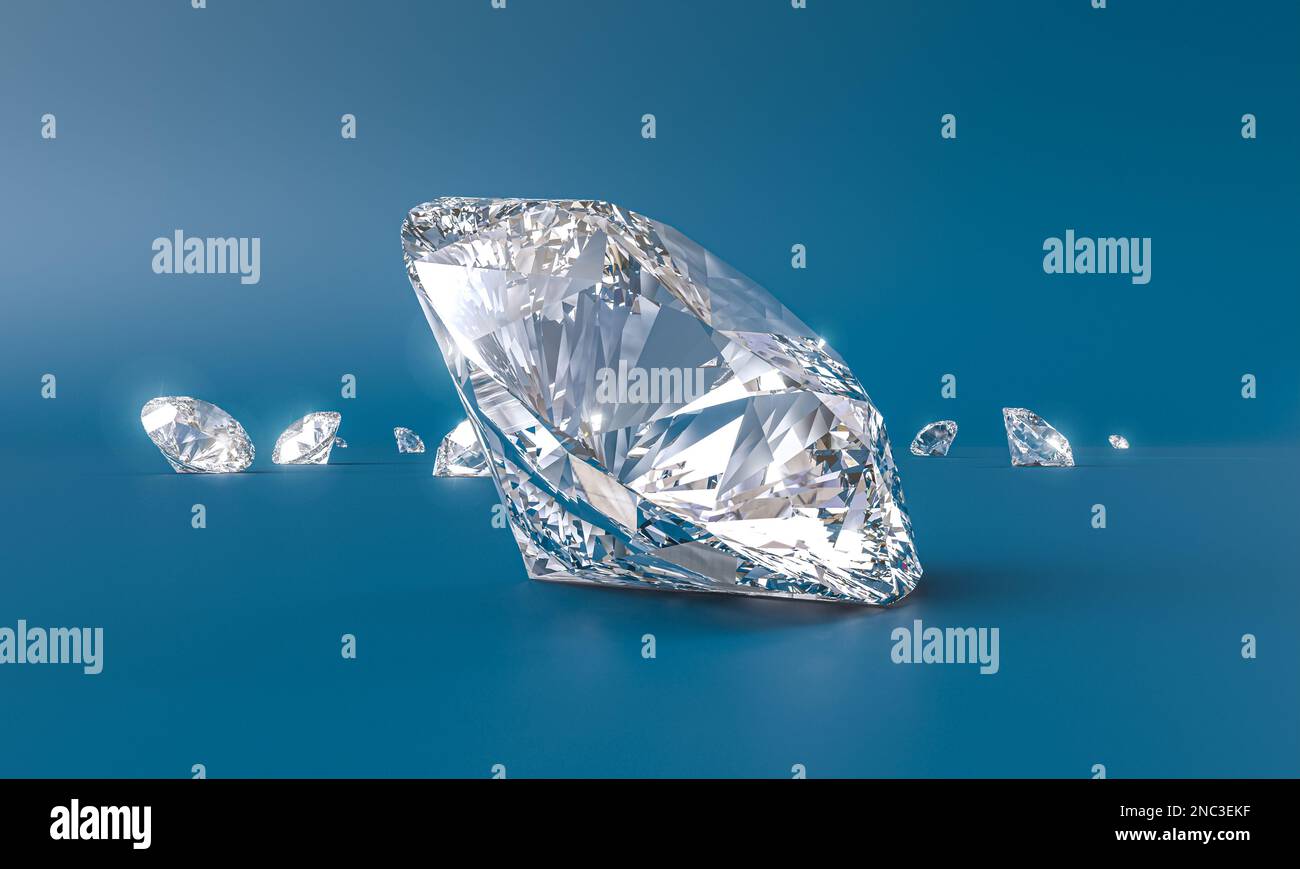 3D Diamanten auf blauem Hintergrund. Rendern Stockfoto