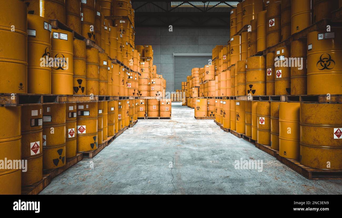 Lagerung gelber Behälter mit radioaktivem und chemischem Gefahrensymbol. 3D-Rendern Stockfoto