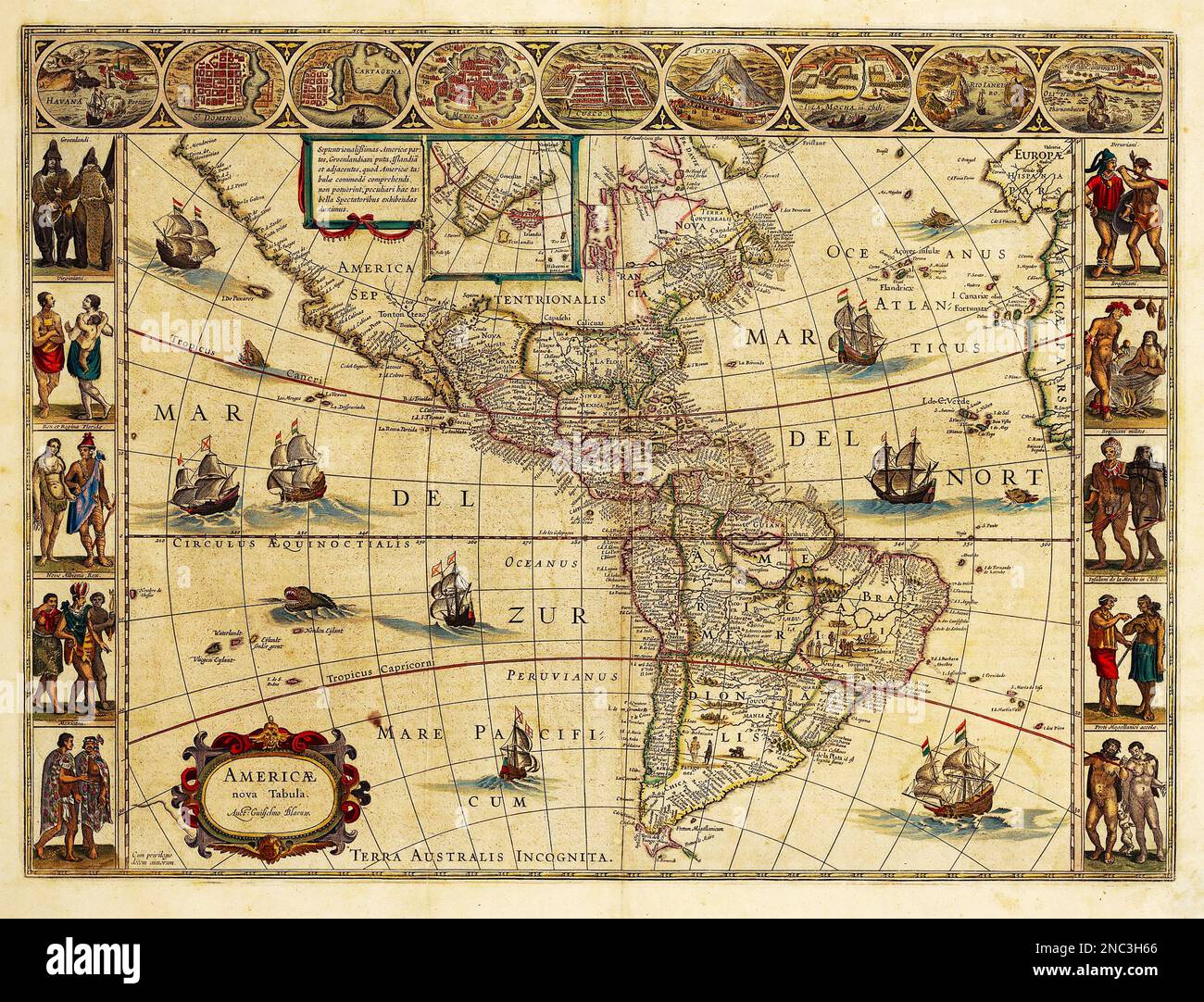 MAPOF THE AMERICAS 1614 von Joan Blaeu, dem niederländischen Kartografen Stockfoto