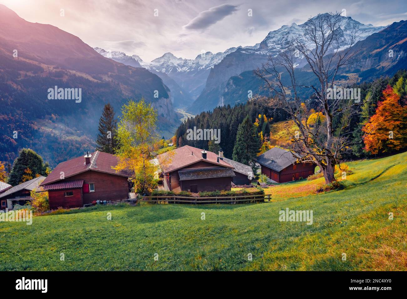 Fantastischer Herbstblick auf das Dorf Wengen, das Viertel Lauterbrunnen. Düstere Morgenszene der Schweizer Alpen. Malerische Herbstlandschaft in der Schweiz Stockfoto