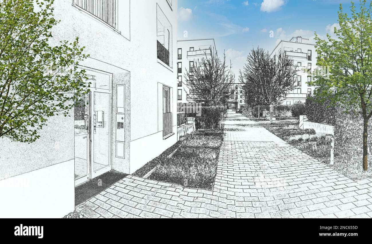 Zeichnung Skizze eines Wohngebietes mit modernen Wohngebäuden, neue grüne Stadtlandschaft in der Stadt Stockfoto