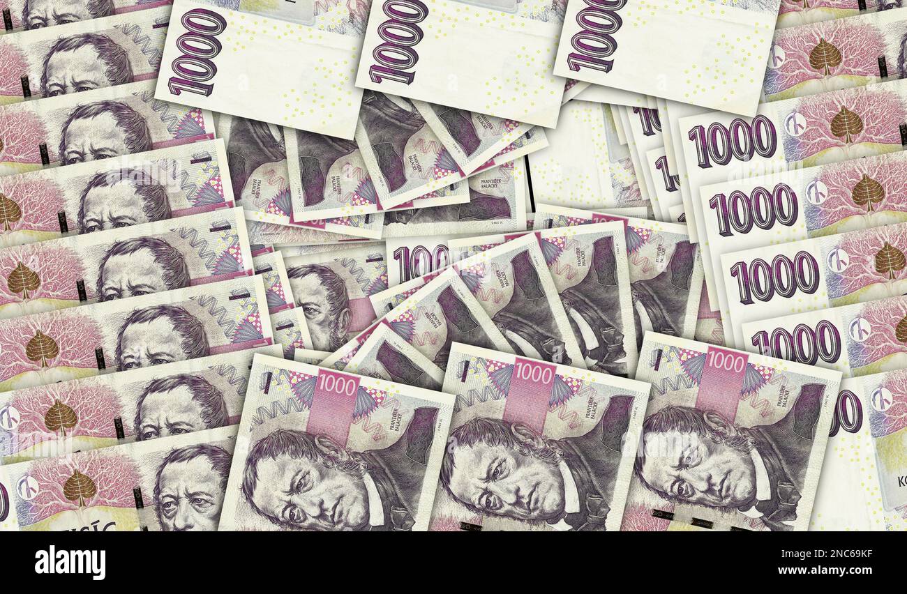 Tschechische Kronen-Banknoten in einem Bargeldfächermosaikmuster. 1000 CZK-Notizen. Abstraktes Konzept von Bank-, Finanz-, Economy-Deko-Hintergrund 3D-Beleuchtung Stockfoto