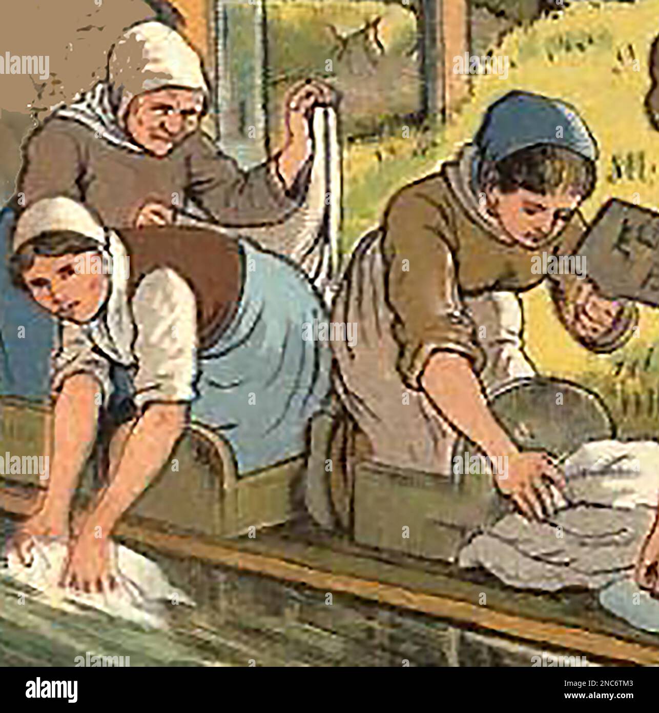 Ein farbiges Bild aus dem 19. Jahrhundert von viktorianischen Waschfrauen bei der Arbeit in einer Wäscherei Stockfoto