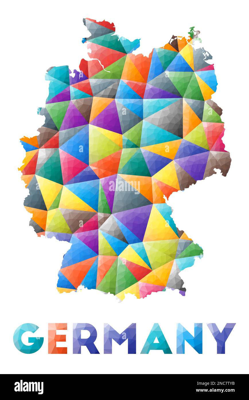 Deutschland - farbenfrohe niedrige Poly Country-Form. Mehrfarbige geometrische Dreiecke. Modernes, trendiges Design. Vektordarstellung. Stock Vektor