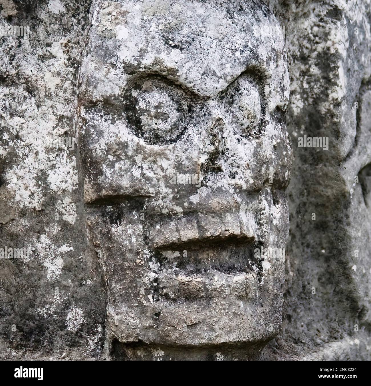 Die beeindruckende Mauer der Schädel (die Tzompantli) in der antiken Maya-Stadt Chichen Itza in Mexiko. Stockfoto