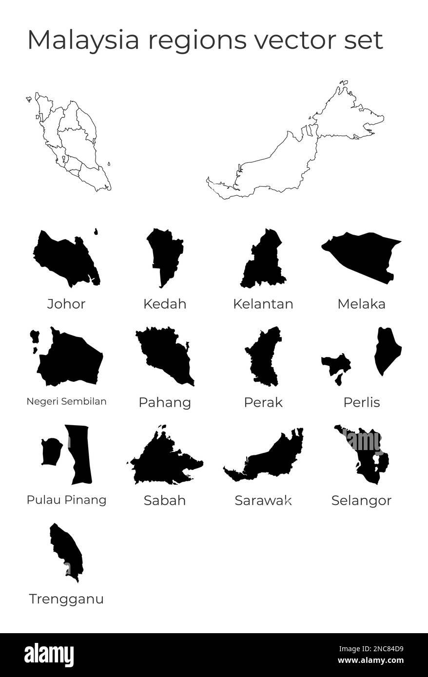 Malaysia Karte mit Formen von Regionen. Leere Vektorkarte des Landes mit Regionen. Grenzen des Landes für Ihre Infografik. Vektorabbildung. Stock Vektor